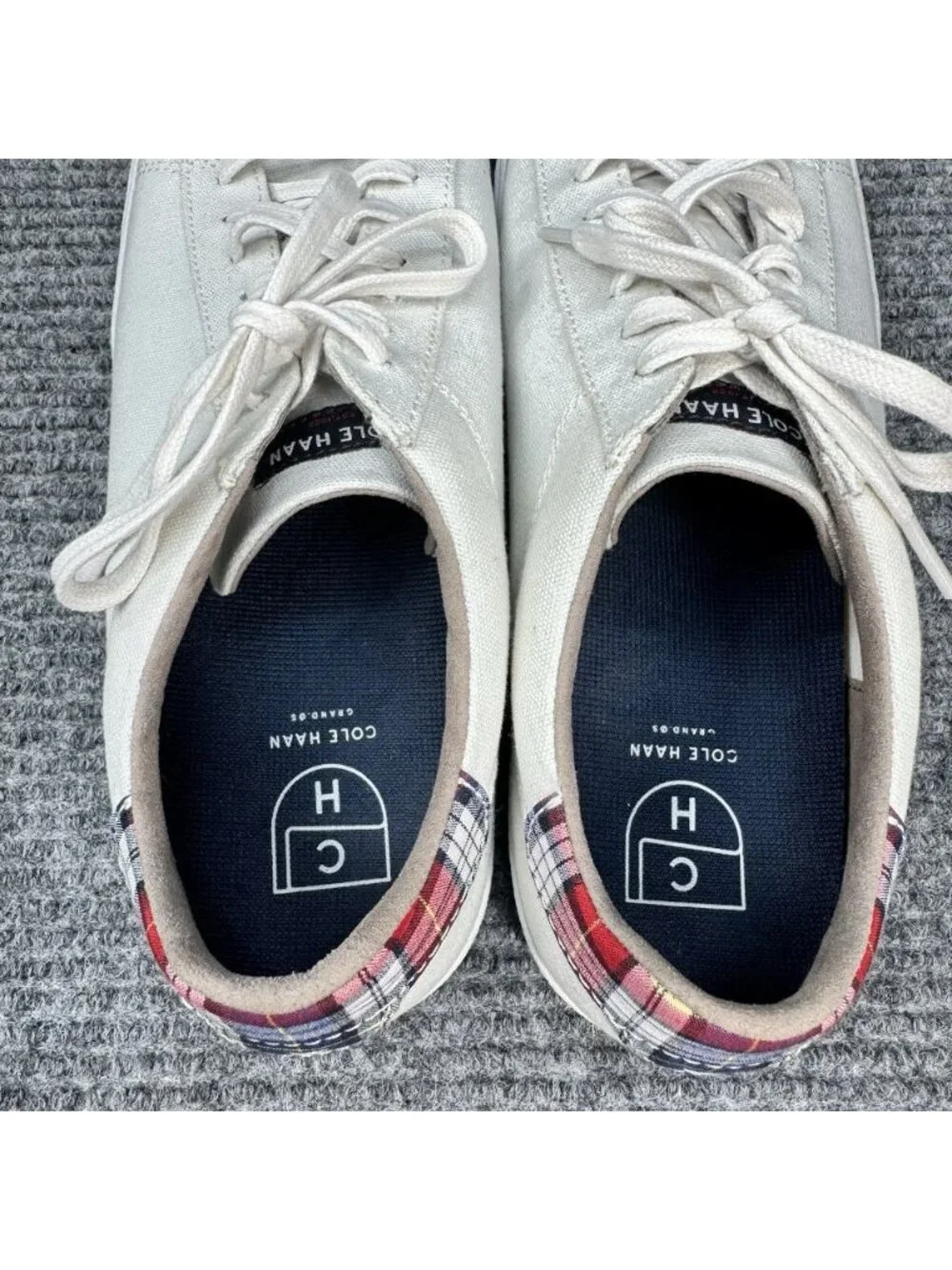 Cole Haan Trafton Club Court Sneakers Mens 9.5 White Cream Plaid Canvas Grand OS